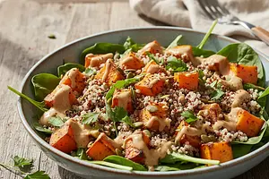 Hearty salad with roasted sweet potato, quinoa, and tahini dressing
