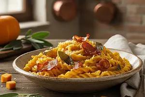 Tagliatelle z kremowym sosem dyniowym, paloną szałwią i chrupiącą pancettą