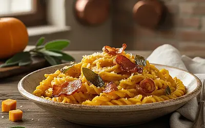 Tagliatelle with creamy pumpkin sauce, burnt sage, and crispy pancetta