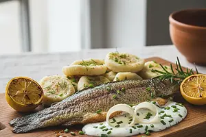 Highlander-style trout with bryndza cheese, potato dumplings, and horseradish sauce