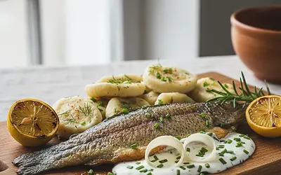 Pstrąg po podhalańsku z bryndzą, hałuskami i sosem chrzanowym