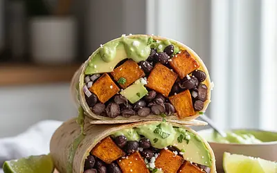 Hearty Wrap with Roasted Sweet Potato, Black Beans, and Avocado-Lime Sauce