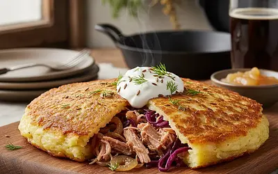 Potato Pancakes Stuffed with Smoked Meat and Cabbage