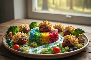 Forest Glade with Hedgehog Meatballs and Rainbow Rice