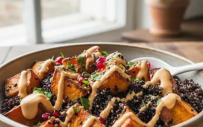 Bowl z pieczonym batatem, czarną komosą ryżową i sosem tahini-pomarańczowym