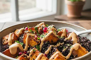 Bowl with roasted sweet potato, black quinoa, and tahini-orange sauce