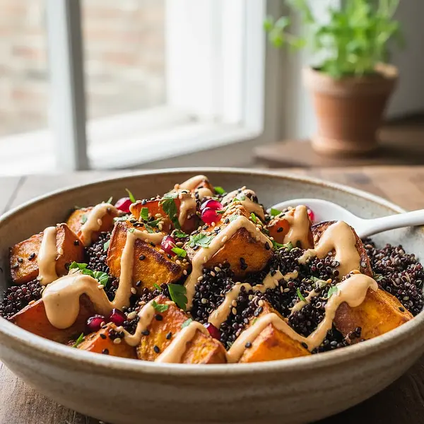 Bowl z pieczonym batatem, czarną komosą ryżową i sosem tahini-pomarańczowym