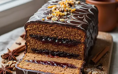 Old Polish Spiced Gingerbread with Plum Jam and Chocolate