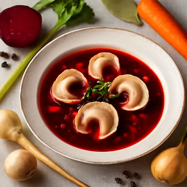 Red borscht with dumplings