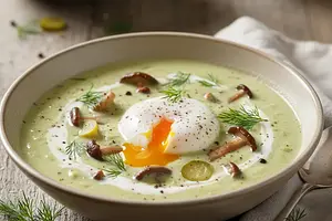 Creamy Kulajda Soup with Mushrooms and Poached Egg