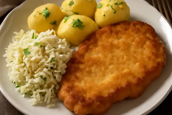 Klasyczny polski kotlet schabowy z ziemniakami i surówką z kapusty