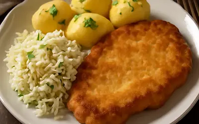 Klasyczny polski kotlet schabowy z ziemniakami i surówką z kapusty