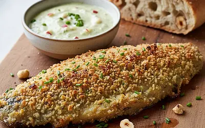 Pstrąg Ojcowski w złocistej panierce z orzechów laskowych z sosem chrzanowo-jabłkowym