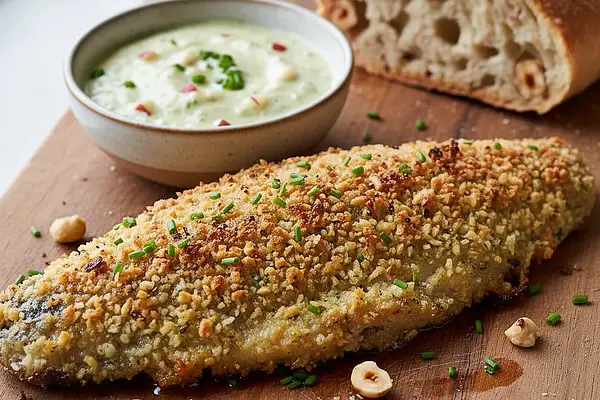 Pstrąg Ojcowski w złocistej panierce z orzechów laskowych z sosem chrzanowo-jabłkowym