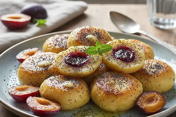 Czeskie knedliki ziemniaczane ze śliwkami i makiem (Bramborové knedlíky se švestkami)