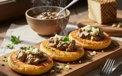 Podhale-style dumplings with mushroom sauce and smoked bryndza
