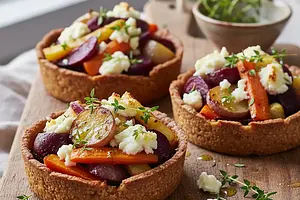 Buckwheat Tartlets with Roasted Root Vegetables, Goat Cheese, and Thyme