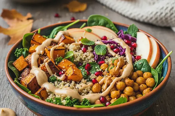 Jesienny Power Bowl z Pieczoną Dynią i Sosem Tahini-Jabłkowym