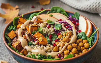 Autumn Power Bowl with Roasted Pumpkin and Tahini-Apple Sauce