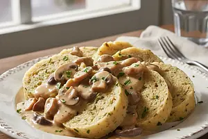 Creamy mushroom sauce with Karlovy Vary dumplings