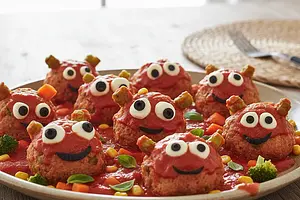 Colorful Turkey and Vegetable Monsters in Tomato Sauce