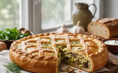 Christmas Kulebiak with Cabbage and Mushrooms