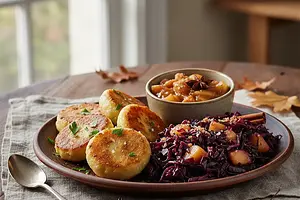 Autumn potato dumplings with red cabbage and apple stew