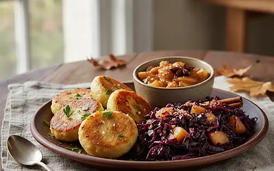 Autumn potato dumplings with red cabbage and apple stew