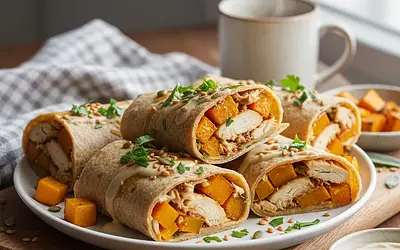 Jesienne Wrapy z Pieczonym Dynią, Kurczakiem w Miodzie i Musztardzie, i Sosem Jogurtowym z Tahini