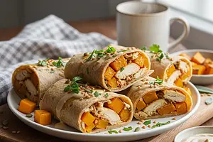 Jesienne Wrapy z Pieczonym Dynią, Kurczakiem w Miodzie i Musztardzie, i Sosem Jogurtowym z Tahini