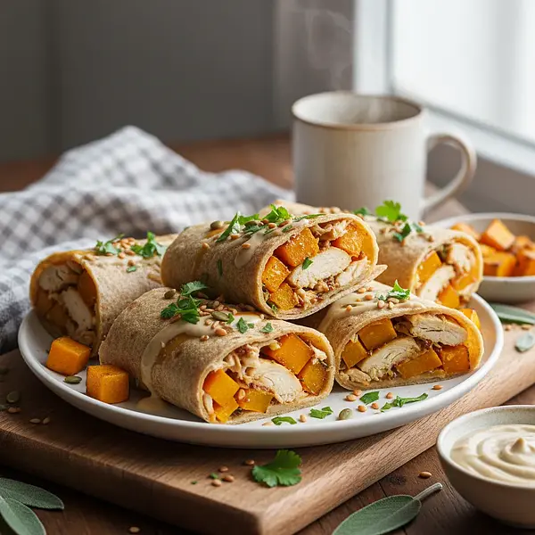 Autumn Wraps with Roasted Pumpkin, Honey Mustard Chicken, and Yogurt Tahini Sauce