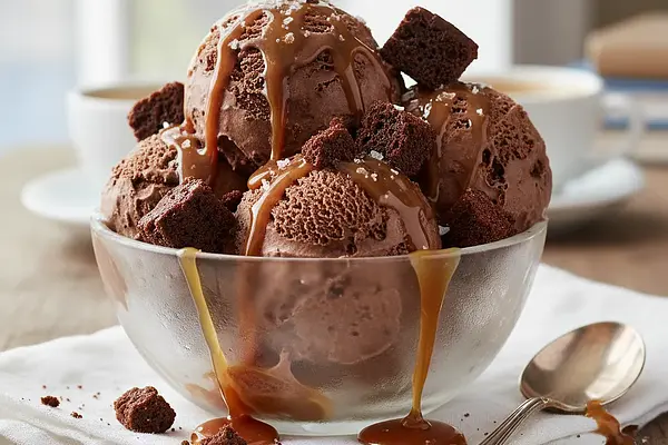 Lody Potrójnie Czekoladowe z Solonym Karmelem i Kawałkami Brownie