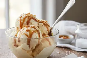 Creamy Vanilla Ice Cream with Browned Butter and Salted Caramel (no ice cream maker)