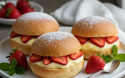Fluffy Yeast Rolls with Vanilla Pudding and Fresh Strawberries