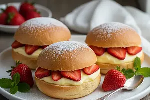 Fluffy Yeast Rolls with Vanilla Pudding and Fresh Strawberries