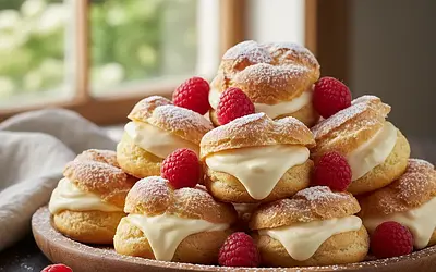 Puszyste Pieczone Oponki Ptysiowe z Kremem Waniliowym i Świeżymi Malinami