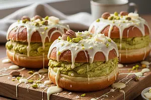 Masterful Donuts with Velvety Pistachio Cream and White Chocolate