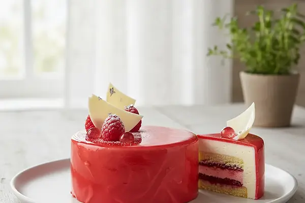 Entremet 'Cyfrowa Precyzja' o smaku maliny i białej czekolady