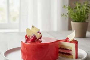 Entremet 'Digital Precision' with raspberry and white chocolate flavor