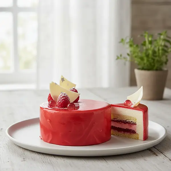 Entremet 'Cyfrowa Precyzja' o smaku maliny i białej czekolady