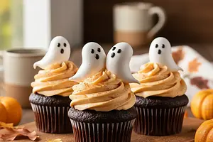Czekoladowe babeczki 'Nocne Zjawy' z kremem dyniowym i bezową duszą