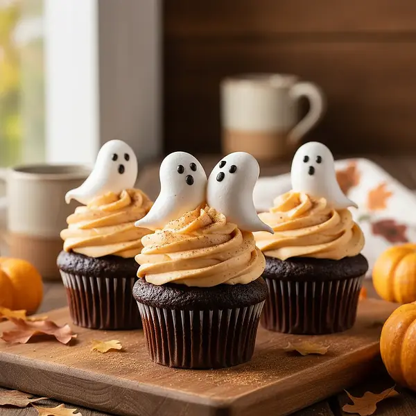Czekoladowe babeczki 'Nocne Zjawy' z kremem dyniowym i bezową duszą