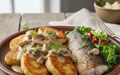 Kashubian Potato Dumplings with Mushroom Sauce and Smoked Trout