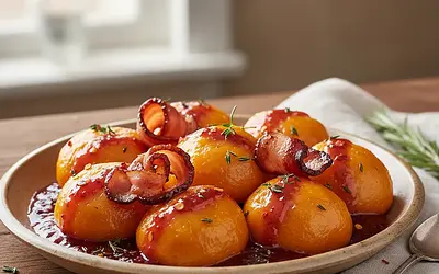 Pumpkin dumplings with plum sauce and smoked bacon