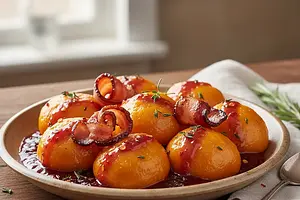 Pumpkin dumplings with plum sauce and smoked bacon