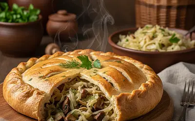Christmas Kulebiak with Cabbage and Mushrooms