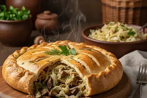 Christmas Kulebiak with Cabbage and Mushrooms