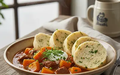 Czeski gulasz dyniowy z knedlikiem karlowarskim