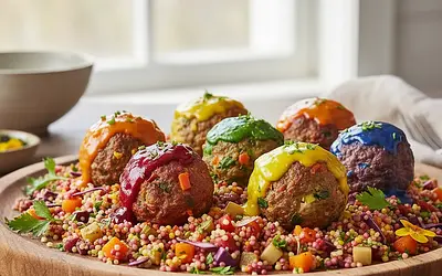 Rainbow Turkey Meatballs with Hidden Vegetables and Colorful Couscous