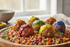 Rainbow Turkey Meatballs with Hidden Vegetables and Colorful Couscous